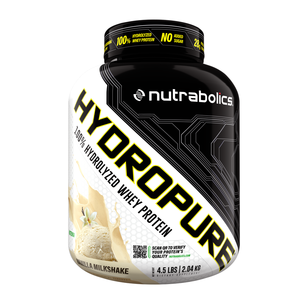 Nutrabolics Hydropure 4.5lb container, featuring premium hydrolyzed whey for rapid absorption, ideal for athletes. No artificial dyes or gluten.