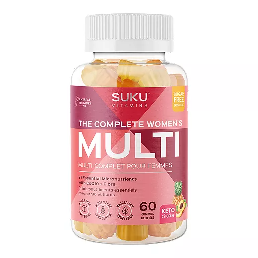 Suku Women's Multi Gummies bottle, featuring CoQ10, Vitamin K2, and prebiotic fiber. Sugar-free and vegetarian, designed for daily nutrition and energy enhancement.
