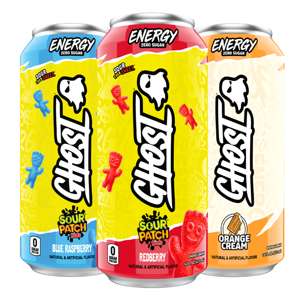 Ghost Energy Drink cans featuring red gummy bear design, offering authentic flavors with zero sugars and 180mg caffeine, ideal for fitness enthusiasts.
