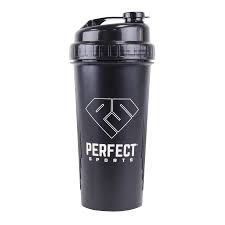 Perfect Sports Shaker, a sleek black shaker with a secure black lid, designed for mixing supplements efficiently, ideal for fitness enthusiasts.