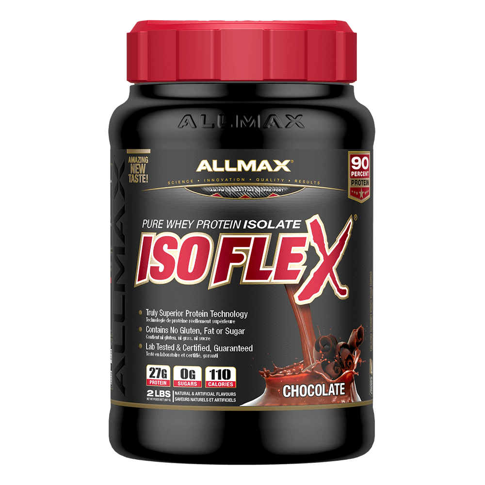 Allmax Isoflex 2lb protein container with red lid, featuring superior whey protein isolate for optimal performance and fast absorption, ideal for fitness enthusiasts.