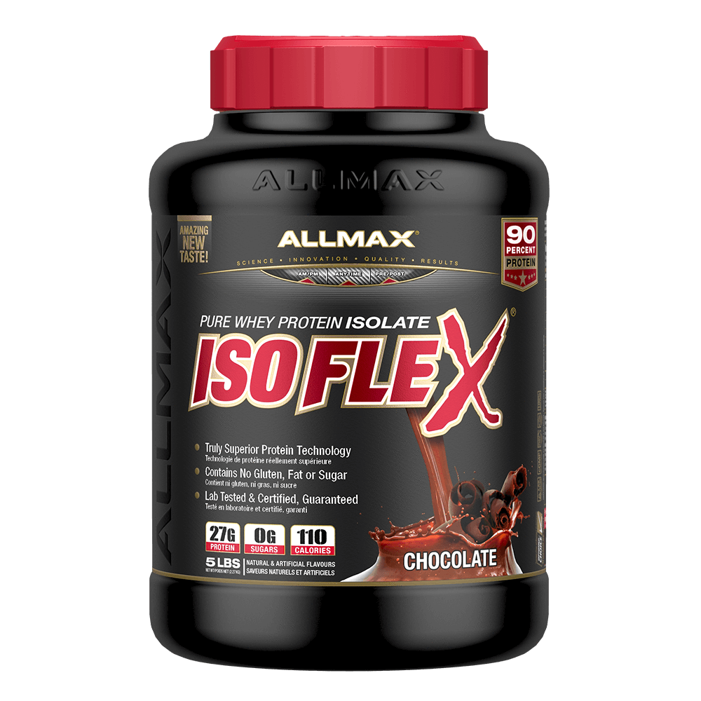 Allmax Isoflex 5lb container with red label, featuring 90% protein whey isolate, ideal for athletes and fitness enthusiasts seeking high-quality, fast-absorbing protein supplements.