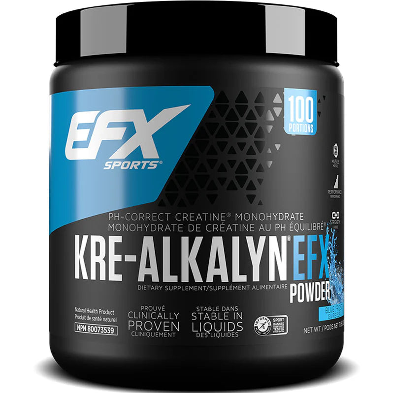 EFX Kre-Alkalyn Efx Powder 200g in a black container with a blue label, designed for stable, potent muscle absorption without creatinine conversion, no loading phase needed.
