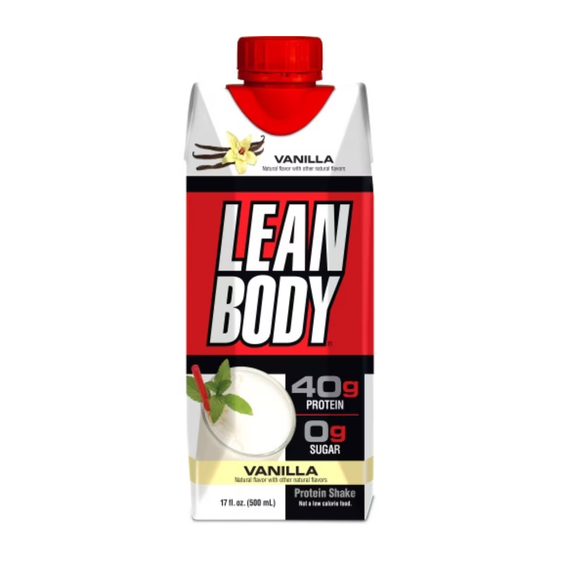 Lean Body Protein RTD, 17 fl oz carton, offers 40g protein, 0g sugar. Vanilla flavor supports lean muscle, metabolism, and cravings management. Ideal for on-the-go, gluten-free.