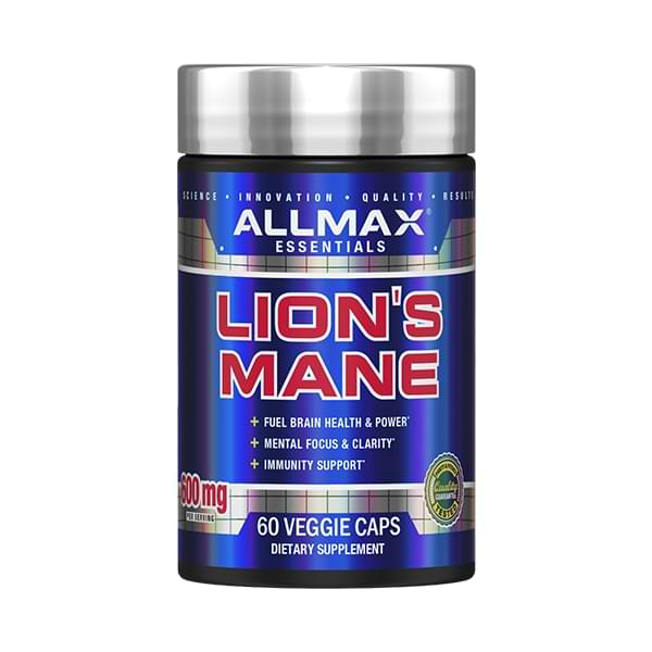 Allmax Lion's Mane 60 Cap, a blue and silver tin canister, enhances brain health and focus, ideal for workout mental optimization.