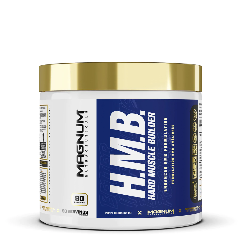 Magnum HMB 30 serv, a white container with a blue label, promotes muscle growth, energy enhancement, and stress reduction for natural athletes.