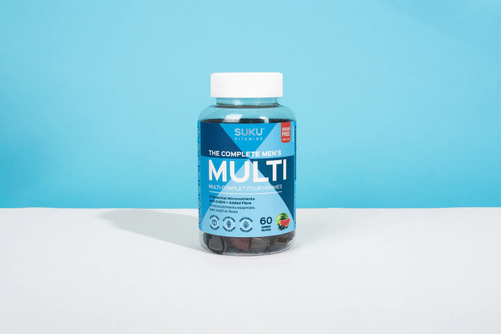 Suku Mens Multi Gummies bottle, featuring essential vitamins and antioxidants to support energy, metabolism, and immune health. Perfect for fitness enthusiasts seeking comprehensive nutritional support.