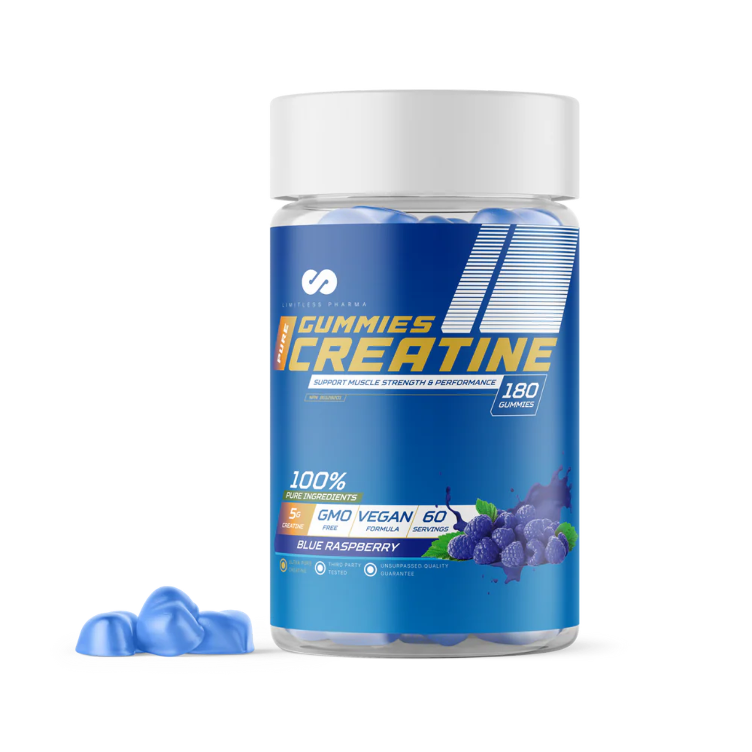 Limitless Pharma Creatine Gummies bottle, featuring chewable supplements for muscle growth and endurance, ideal for fitness enthusiasts seeking convenient, effective, and flavorful supplementation.