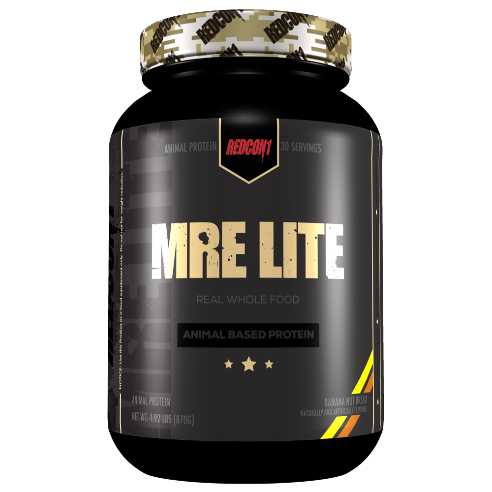 Redcon 1 MRE Lite 1.92lb black jar features gold text and a logo, offering a low-calorie, whole food meal replacement with diverse protein sources.