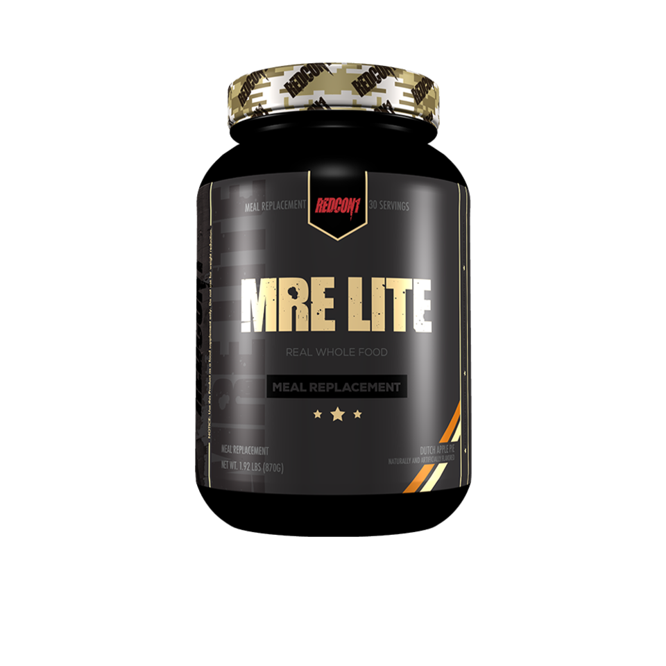 Redcon 1 MRE Lite 1.92lb black jar with gold text, a low-calorie whole food meal replacement shake, rich in protein and easy to digest.