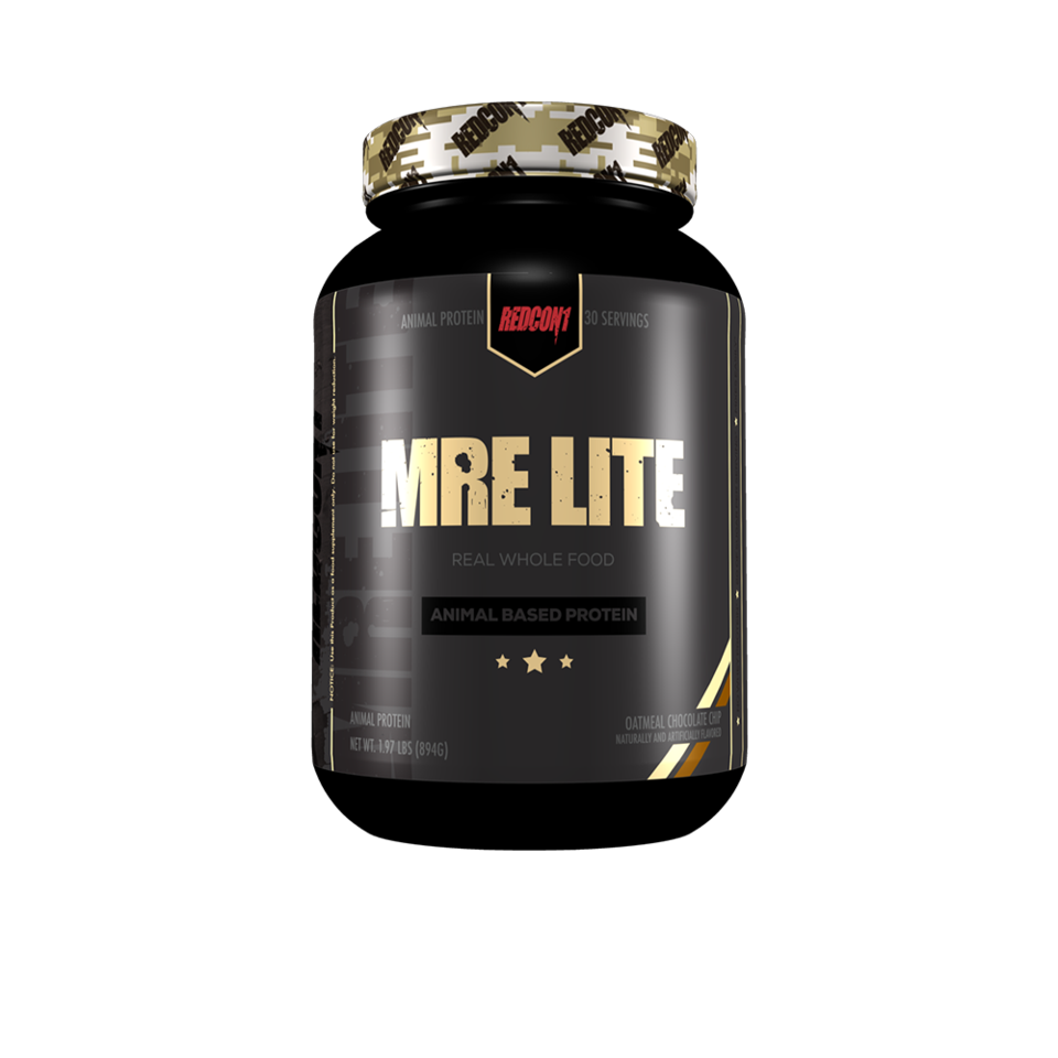 Redcon 1 MRE Lite 1.92lb, a black jar with gold text, is a low-calorie whole food meal replacement shake focusing on healthy protein sources.