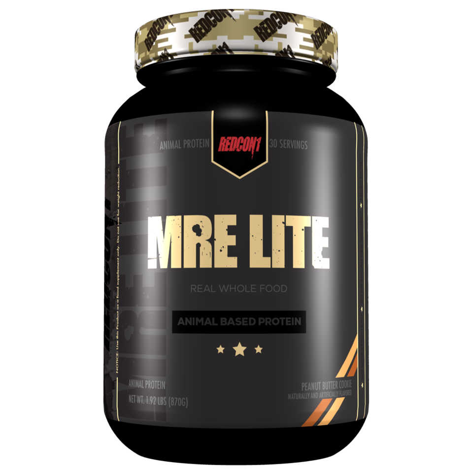 Redcon 1 MRE Lite 1.92lb black jar with gold text, a low-calorie, whole food meal replacement shake emphasizing protein sources like beef and salmon.