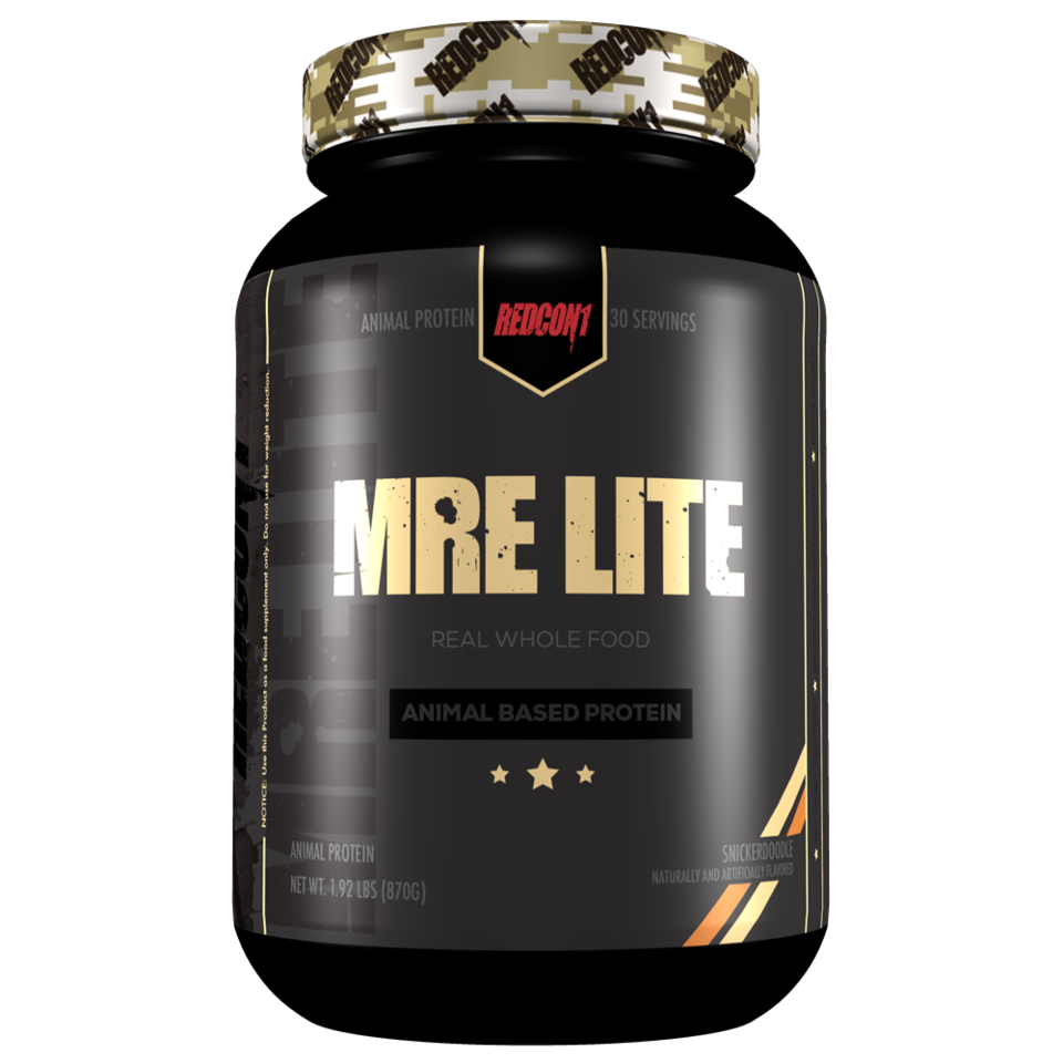 Redcon 1 MRE Lite 1.92lb jar, featuring gold and white text, a logo, and promoting a low-calorie, whole food meal replacement shake.