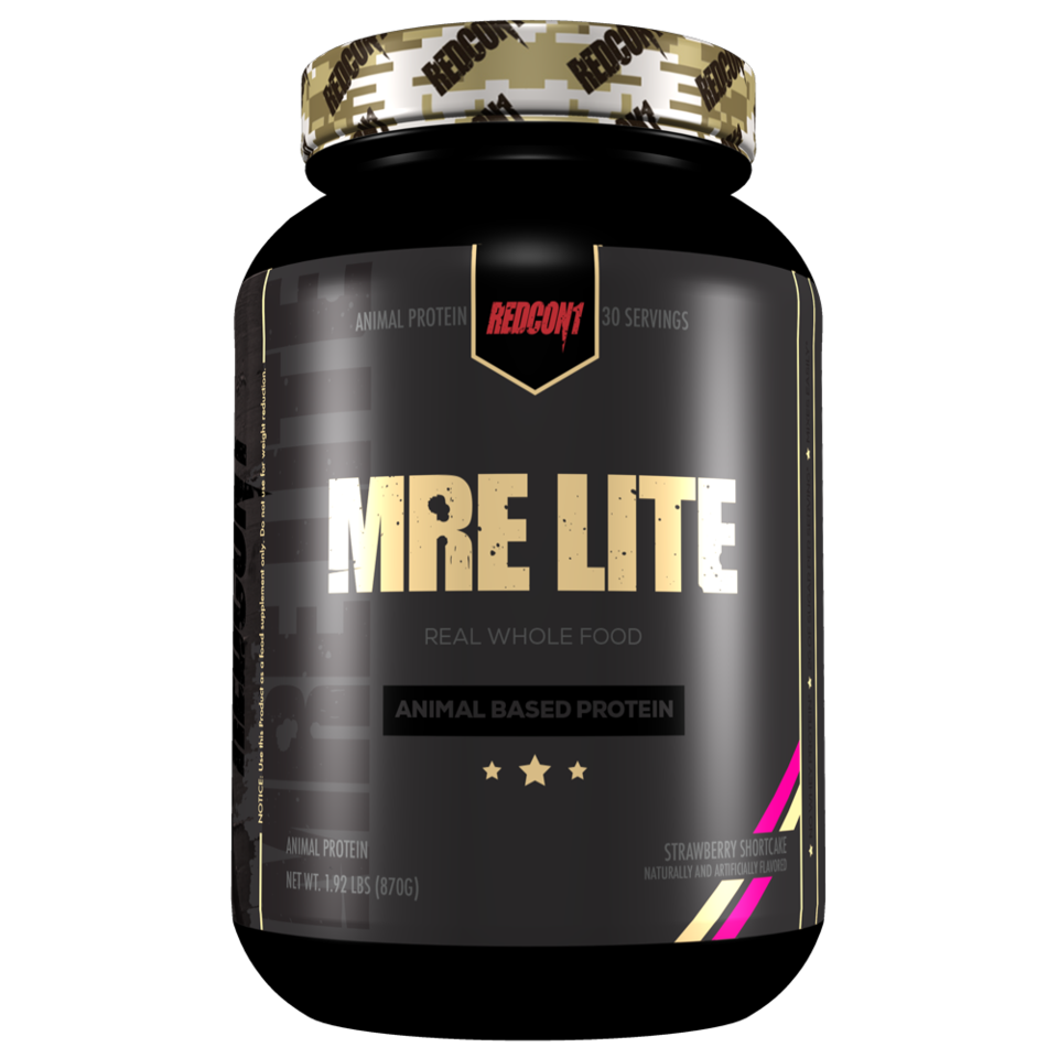 Redcon 1 MRE Lite 1.92lb, a black jar with gold and white text, offering a low-calorie, whole food meal replacement shake with 24g protein.