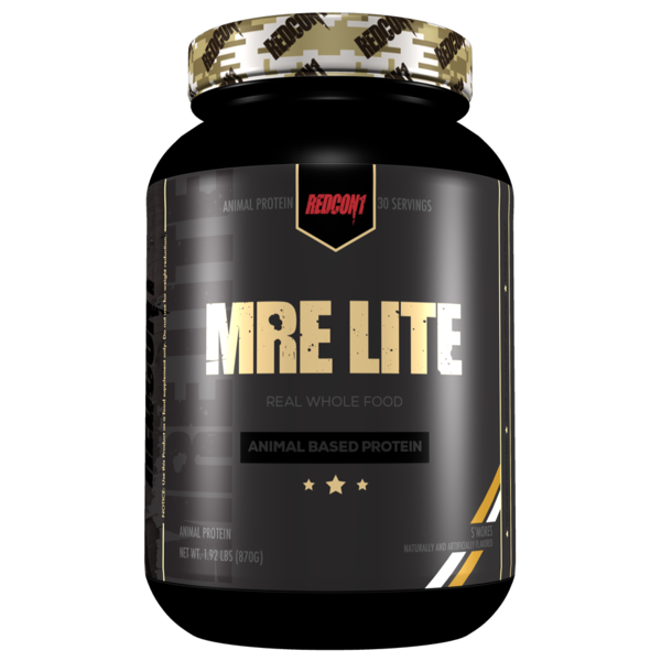 Redcon 1 MRE Lite 1.92lb, a black jar with gold text, offers a low-calorie, whole food meal replacement with 24g protein and no whey.