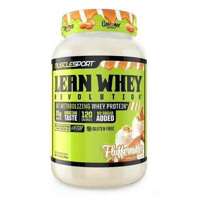 Muscle Sport Lean Whey protein jar, featuring 24g protein per serving, supports muscle building and fat metabolism. Ideal for fitness enthusiasts seeking high-quality, quick-absorbing supplements.