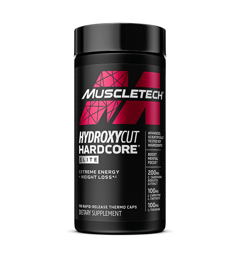 Muscletech Hydroxycut Elite black bottle with pink text, designed for intense workouts and weight loss, featuring scientifically backed ingredients for enhanced energy and performance.