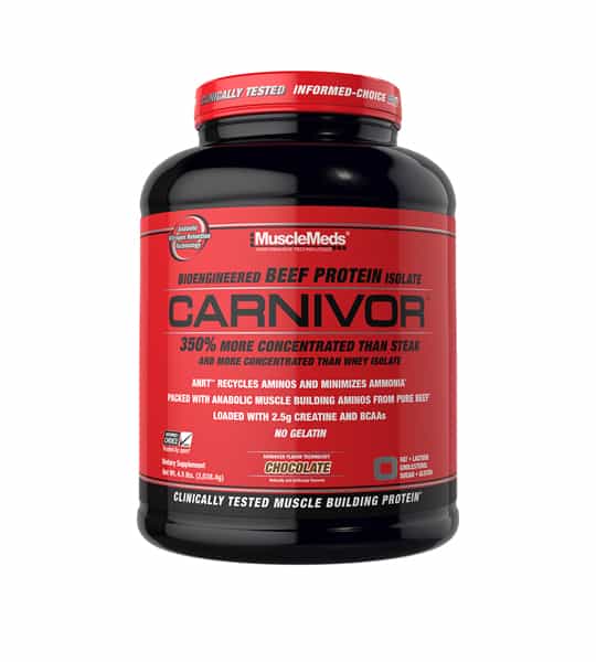 Carnivor Protein 4lb, a black jar with a red label, offers concentrated beef protein isolate, enhancing muscle growth with high amino acid levels.