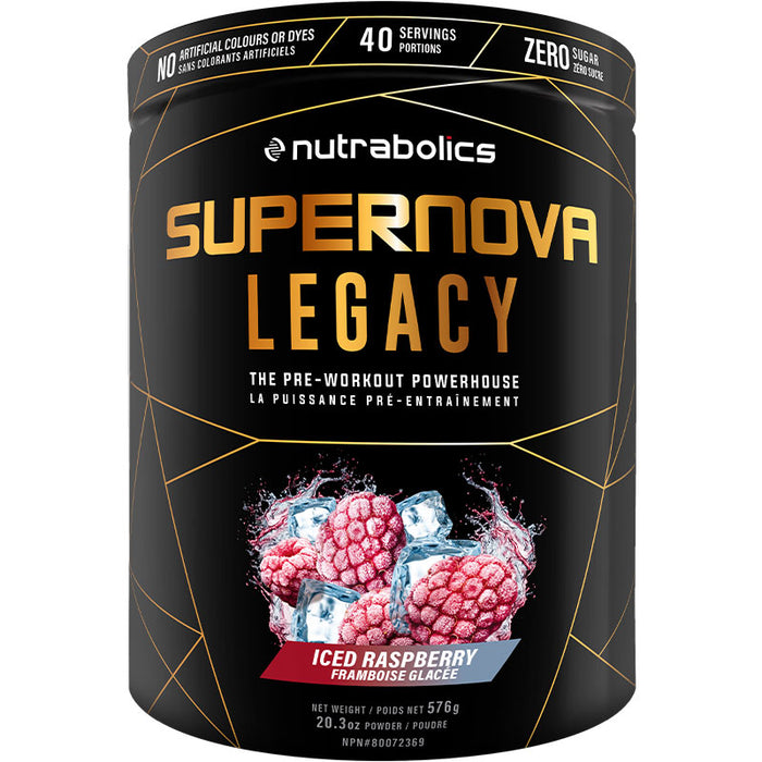 Nutrabolics Supernova Legacy 40 Serv, a black jar with gold text, promotes workout performance with Citrulline Malate and key ingredients for explosive power and focus.