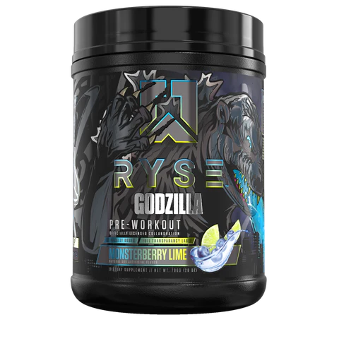 Ryse Godzilla Pre Workout 40 Serv in a black plastic container with a black label, designed for explosive energy and focus during workouts.