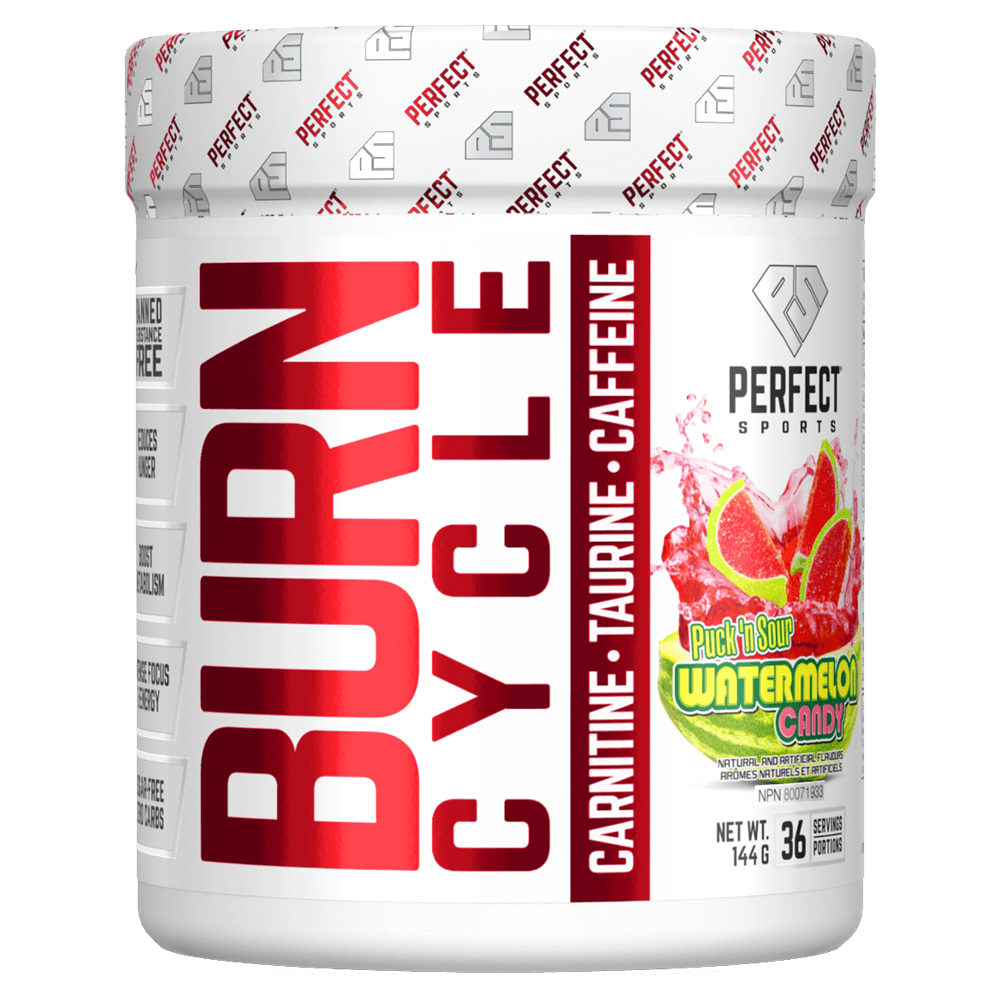 Perfect Sports Burn Cycle 36 Serv container with red text and label, promoting energy-boosting, weight-loss ingredients for enhanced workouts and cardio sessions.
