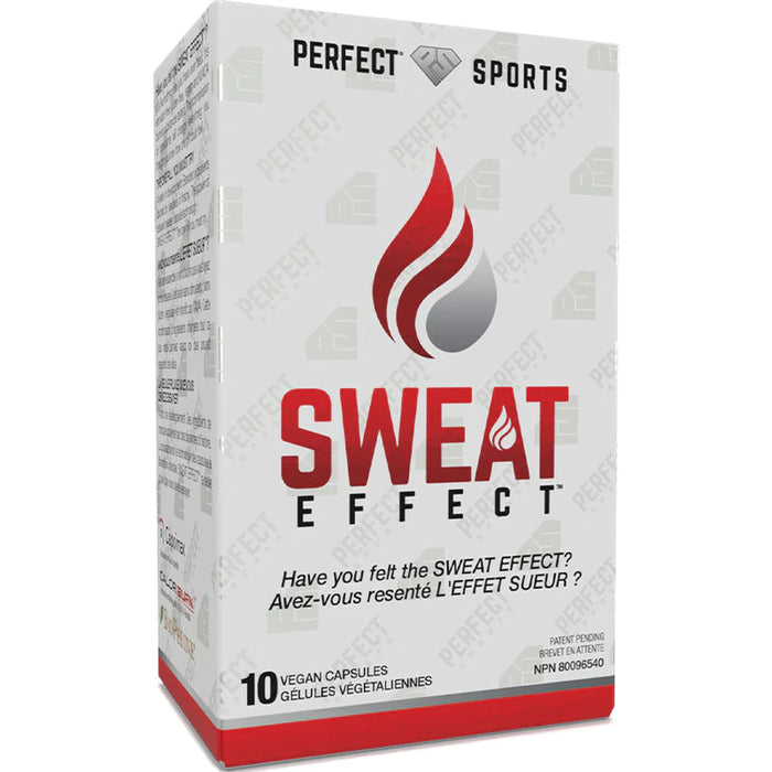 Perfect Sports Sweat Effect packaging, featuring red and grey text, promotes circulation and metabolism with ingredients like Capsimax and Ginger Extract.