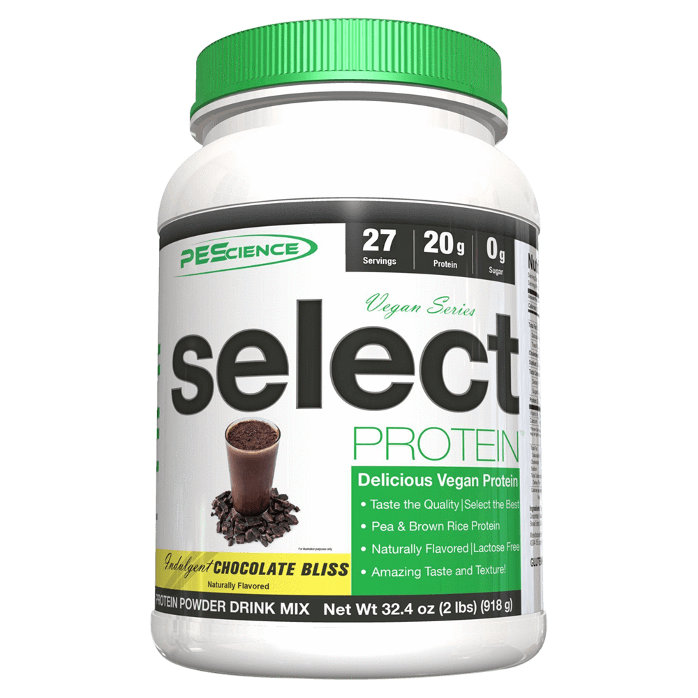 PE Science Vegan Select 2lb jar featuring a white container with green lid, offering top-quality vegan protein blend of pea and brown rice sources.