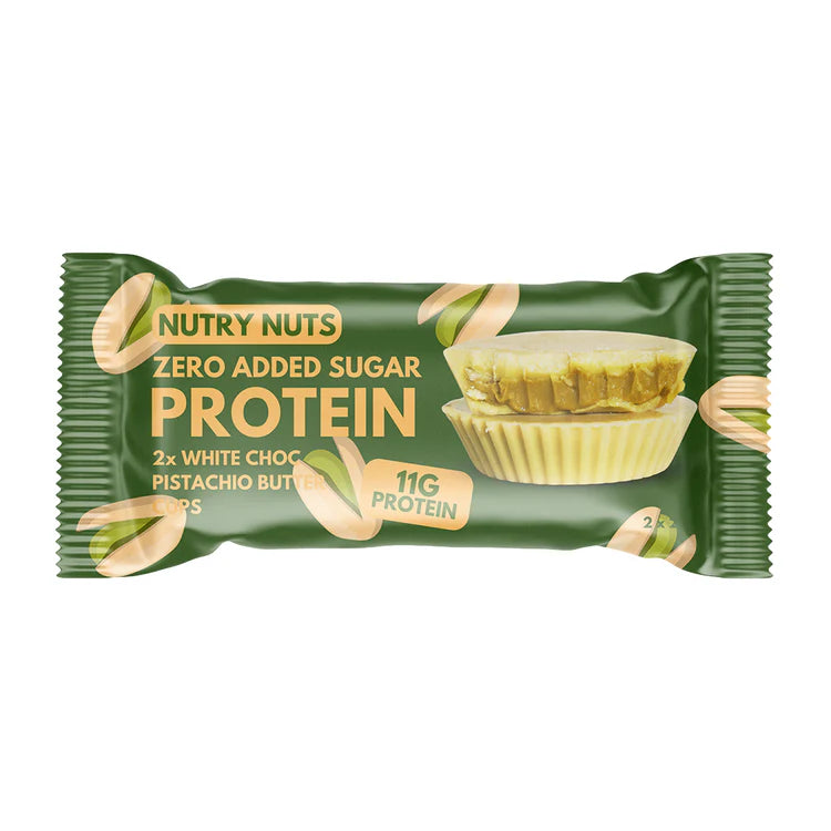 Nutry Nuts Zero Added Sugar Protein Cups in white choc pistachio flavor, offering 11g protein. Ideal for fitness enthusiasts seeking a delicious, guilt-free snack.