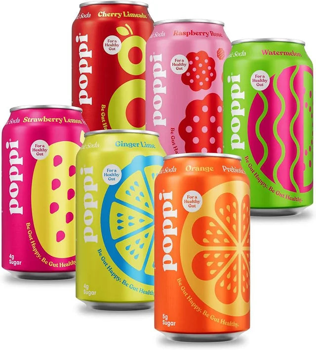 Poppi prebiotic soda cans, featuring health-focused ingredients like apple cider vinegar and fruit juice. A refreshing beverage option for fitness enthusiasts.
