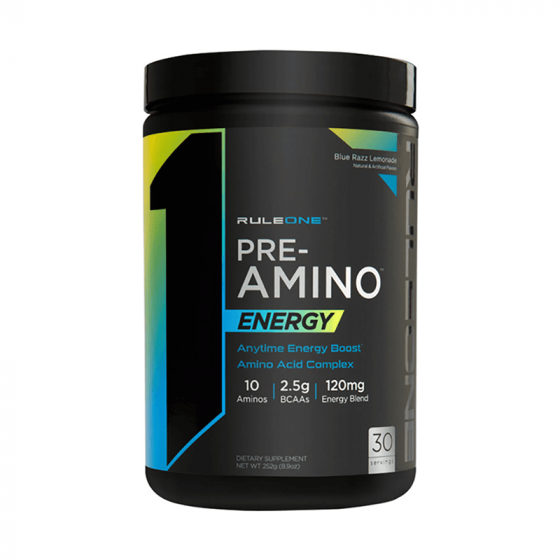Rule 1 Pre Amino 30 Serv bottle with label featuring energizing amino formula for workouts, containing EAAs, BCAAs, and natural caffeine from coffee fruit and green tea extracts.