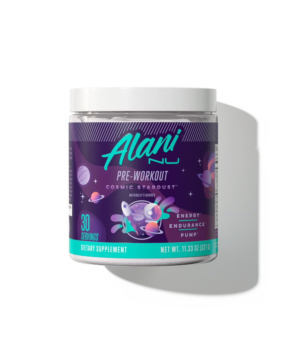 Alani Nu Pre-Workout container with a white lid and label, designed to maximize energy and endurance for workouts, available in various flavors.