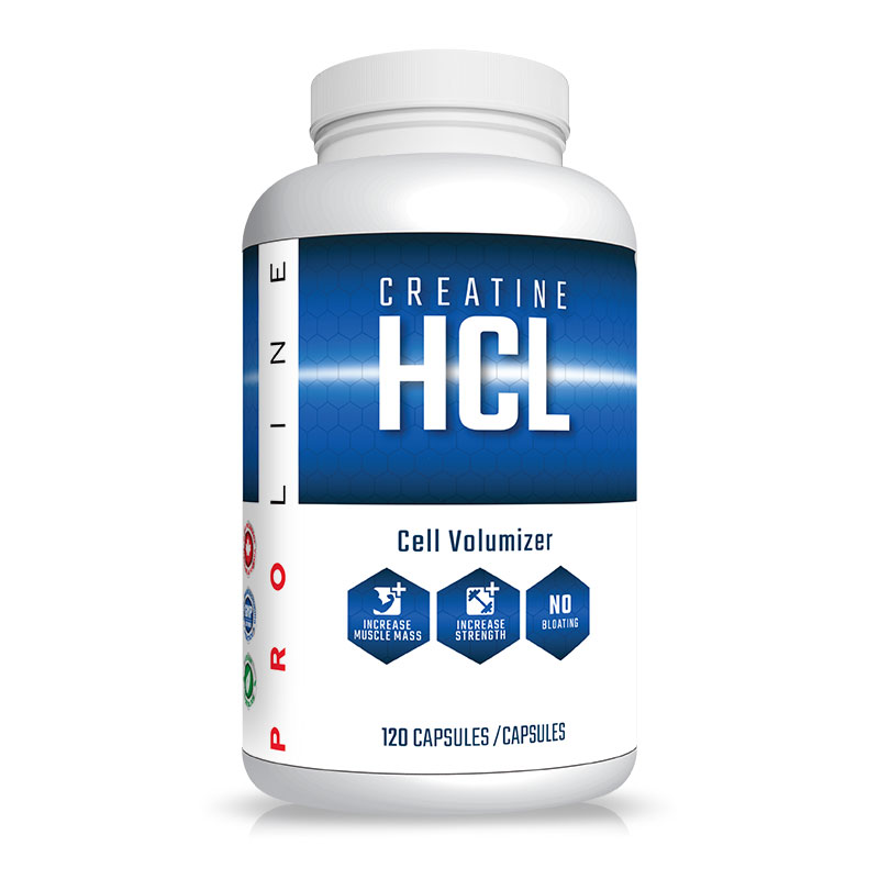 Proline Creatine HCL 120caps bottle with a blue label, designed to enhance muscle size, strength, and endurance for fitness enthusiasts and athletes.