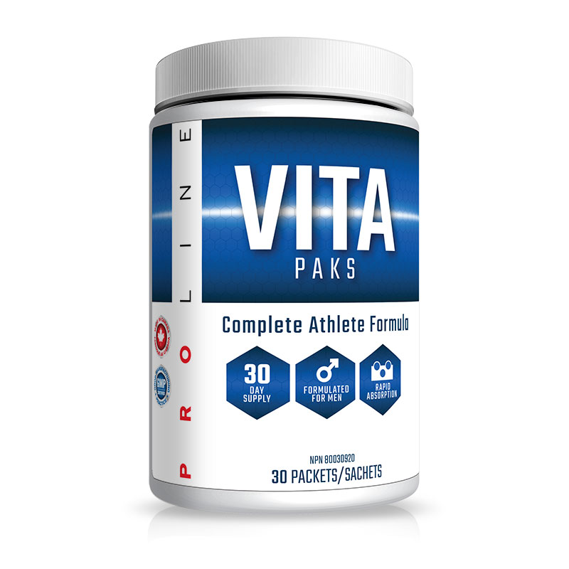 Pro Line Vita Paks Men vitamin pack includes a white bottle with a blue label, offering 30 packets of essential daily nutrients for active men.