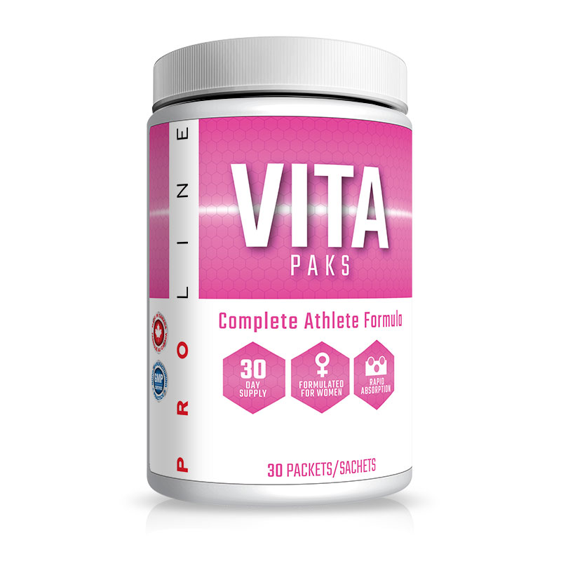 Pro Line Vita Paks Women supplement, featuring a white bottle with a pink label and a pink box, supports women's health with essential vitamins and minerals.