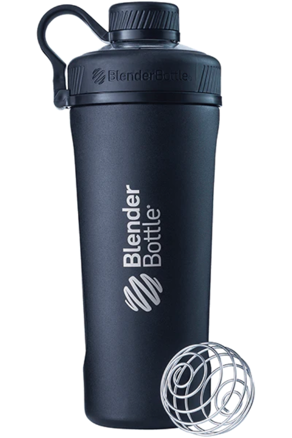 BlenderBottle Radian 26oz shaker cup with stainless steel body, black lid, twist-on cap, center-mounted spout, and detachable carry loop, ideal for fitness enthusiasts.