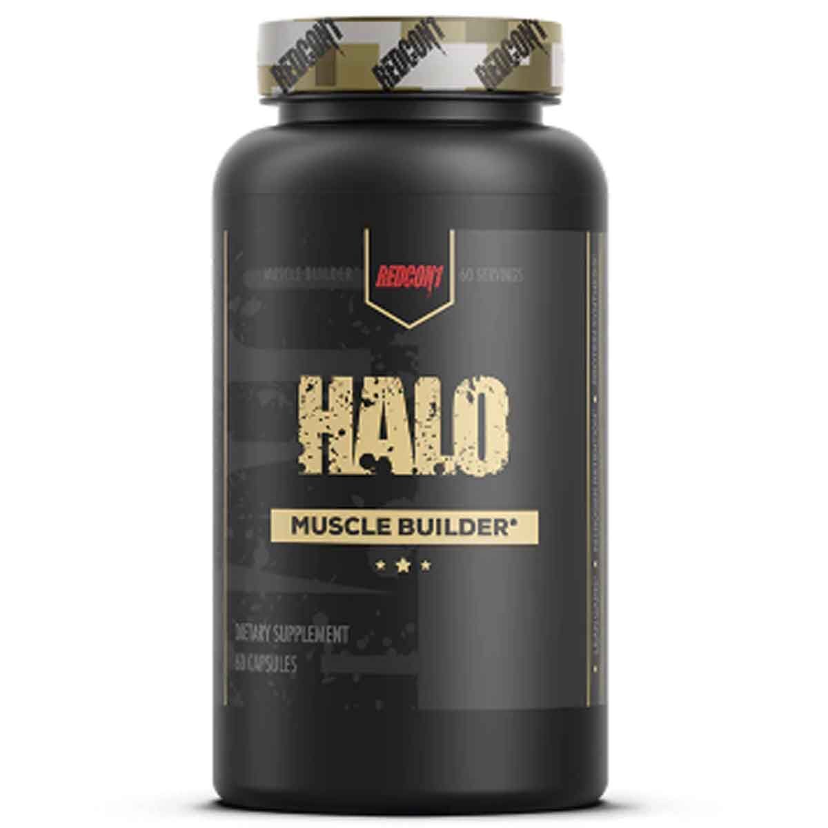 HALO - Muscle Builder Capsules Redcon 1 in a black plastic container, features white text and a black and gold logo, designed for muscle growth and performance enhancement.