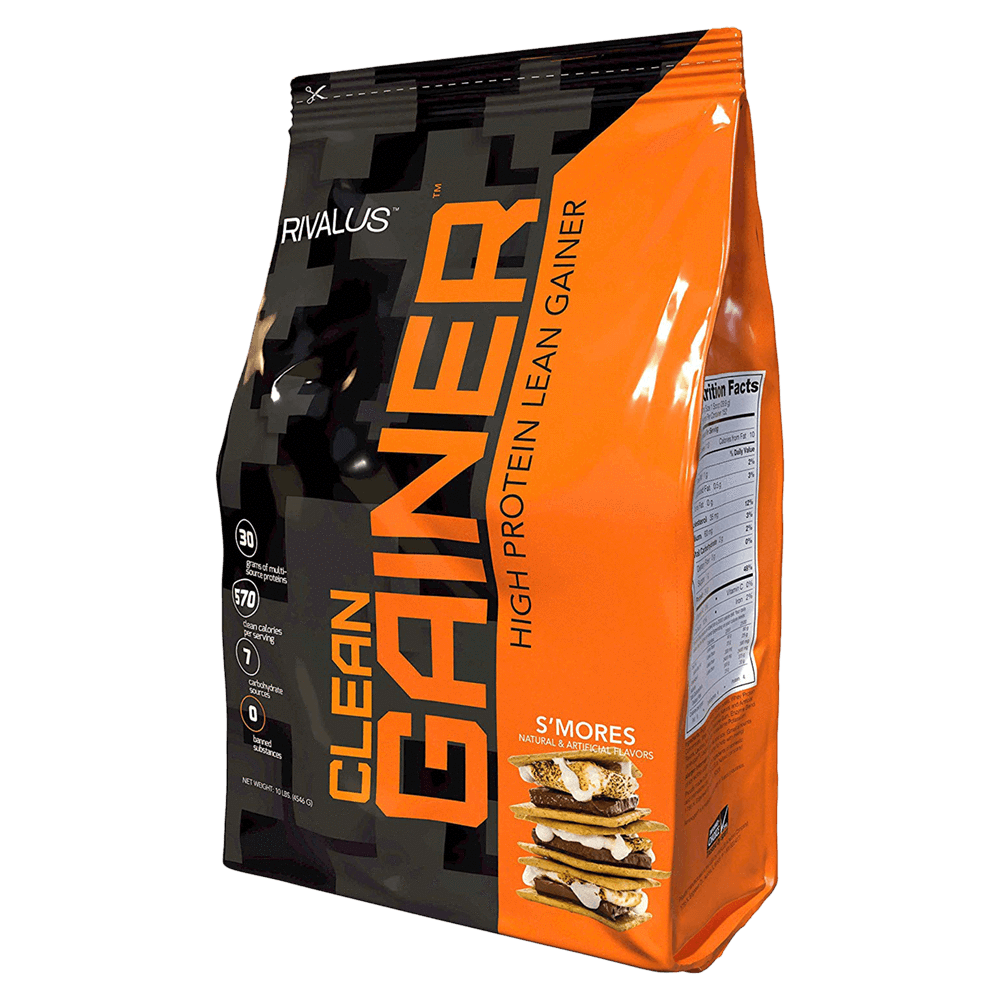 Rivalus Clean Gainer 10lb protein powder bag, featuring 560 calories and 30g protein, ideal for athletes and fitness enthusiasts seeking quality nutrition.