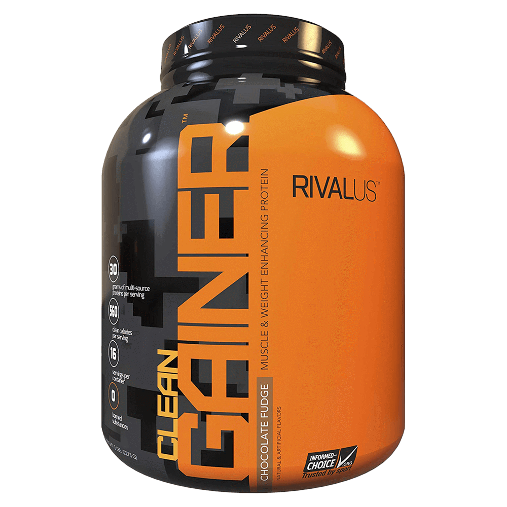 Rivalus Clean Gainer 5lb bottle, featuring a protein-rich formula for athletes, with 560 calories, essential fats, and no banned substances, ideal for muscle gain.