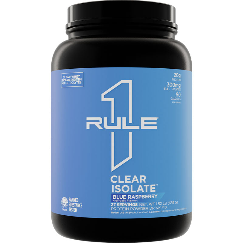 Rule 1 Clear Isolate 2lb jar with blue label, featuring crystal-clear whey protein isolates and electrolytes for a light, refreshing drink.