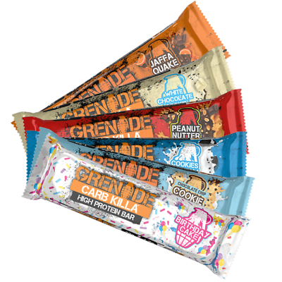 Grenade Carb Killa Protein Bars packaging, showcasing various bars, promoting a healthier snack option with high protein content for fitness enthusiasts.