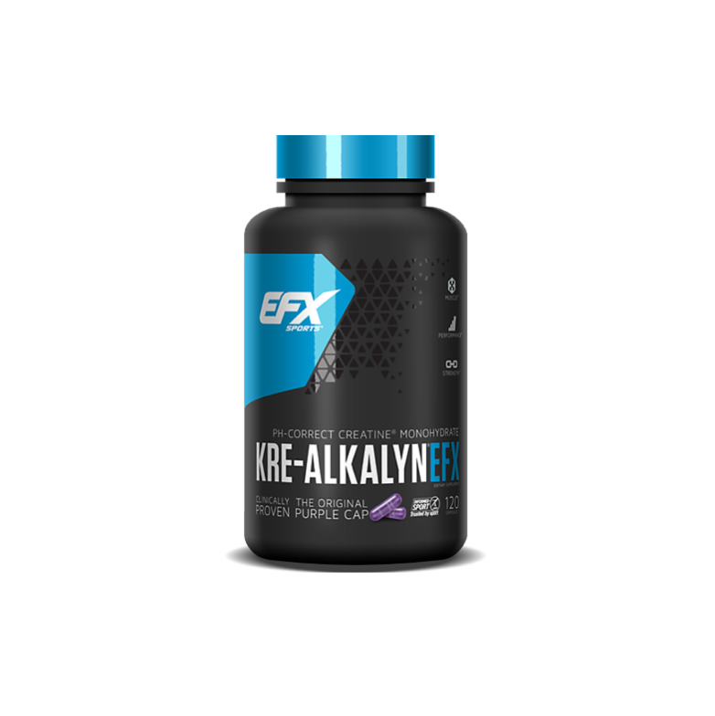 EFX Kre-Alkalyn Creatine 120 cap bottle with blue lid, designed to enhance strength and performance, ideal for athletes and fitness enthusiasts.
