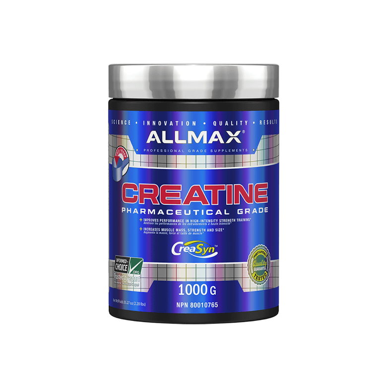 Allmax Creatine 1000g container with a silver lid, known for enhancing strength and muscle mass, ideal for high-intensity training and recovery.