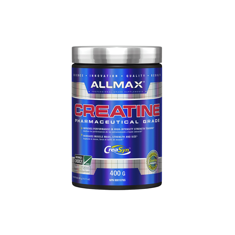Allmax Creatine 400g container with silver lid, known for enhancing muscle performance and growth, featured in the Sector 6 Supplements range.