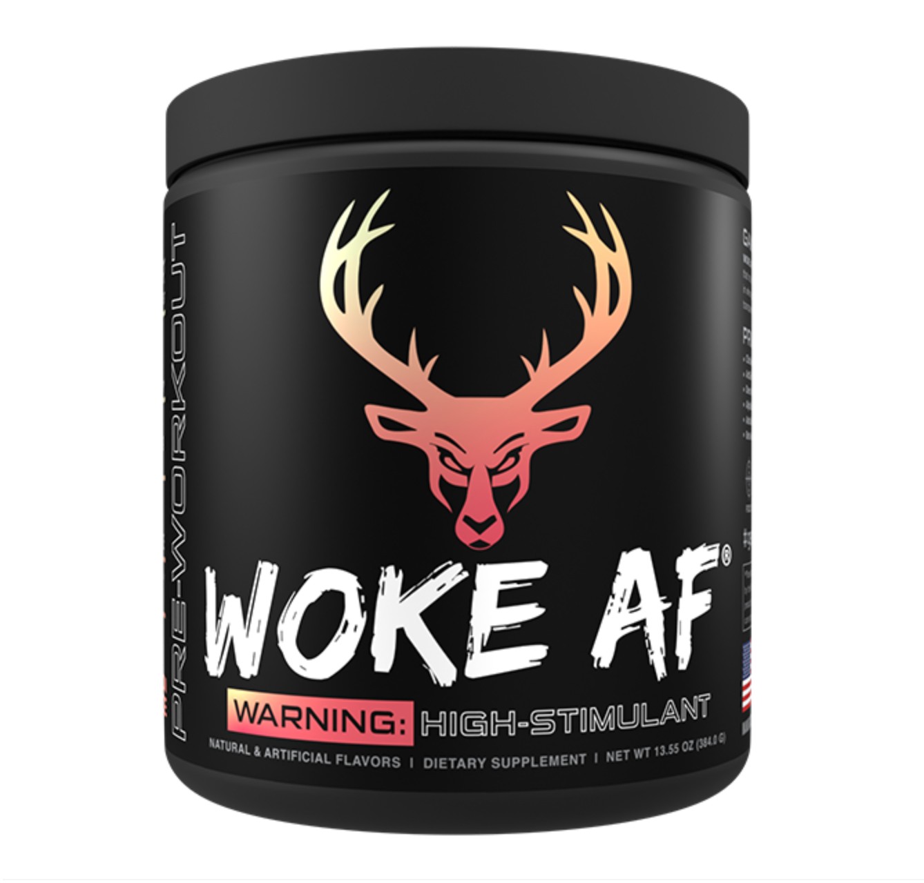 Bucked Up Woke AF Pre-Workout: Black container with lid, featuring a deer head cap. High-stimulant formula enhances focus, energy, and pumps for intense workouts.