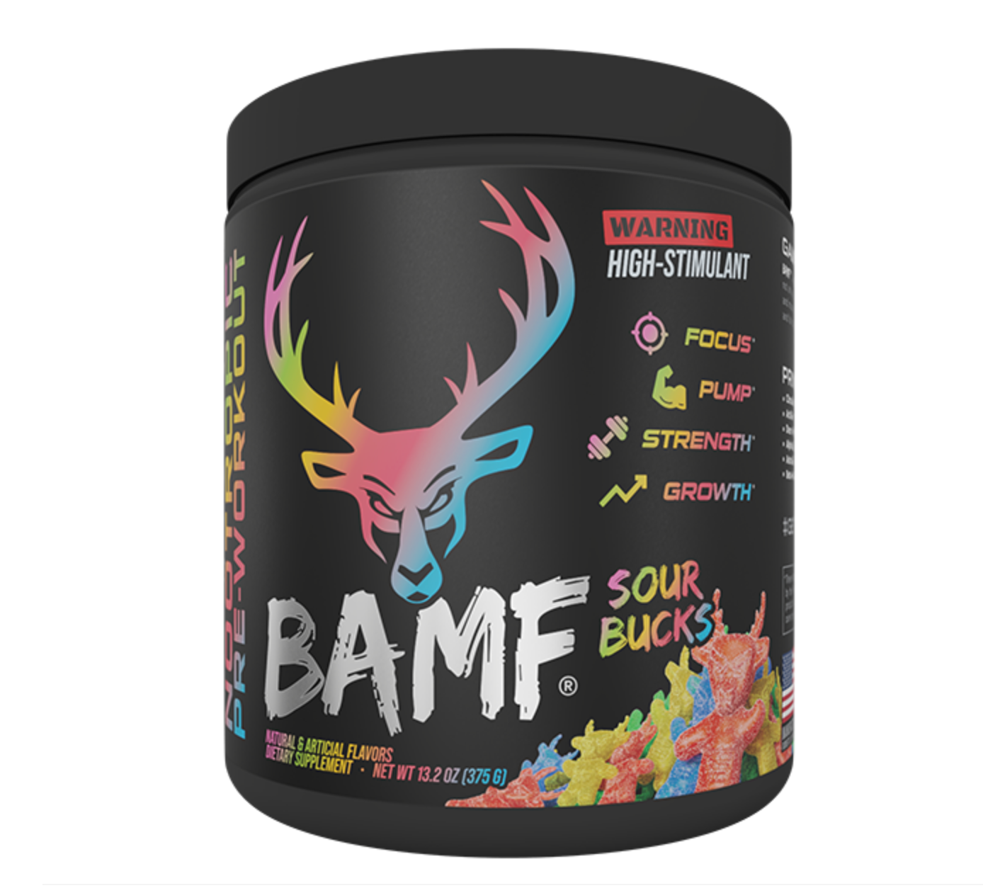 Bucked Up BAMF pre-workout in a black container with a black lid, featuring colorful deer head logo, designed for focus, energy, and performance enhancement.