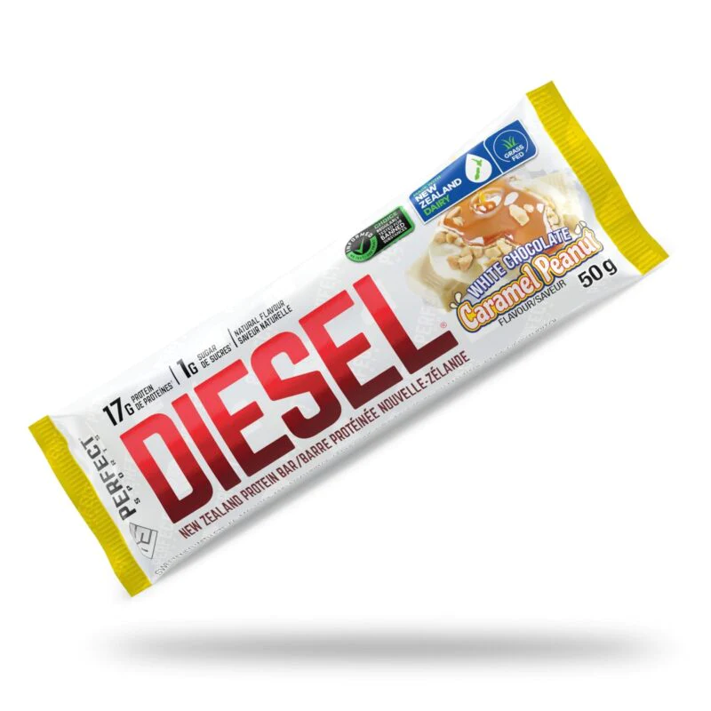 Perfect Sports Diesel Protein Bar in a white and yellow wrapper with red text, offering 17g of protein and 190-210 calories, ideal for fitness enthusiasts.