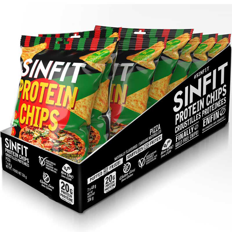 SINFIT Protein Chips Box of 7 displayed among snack bags, highlighting their high protein, low carb benefits for fitness enthusiasts. Perfect for guilt-free, crunchy snacking.
