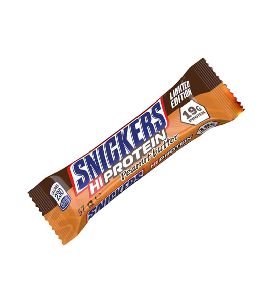 Snickers Protein Bar with caramel, peanuts, and a milk chocolate coating, offering 19g of protein. Ideal for fitness enthusiasts seeking a tasty protein snack.