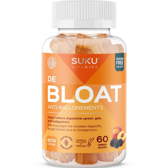 SUKU DE BLOAT bottle of 60 vegan, berry peach-flavored gummies, designed to alleviate bloating with chamomile, ginger, and fennel, suitable for fitness enthusiasts.