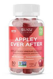 SUKU Appley Ever After bottle with apple cider vinegar gummies, offering a sugar-free, vitamin-infused alternative to raw vinegar, supporting energy metabolism.